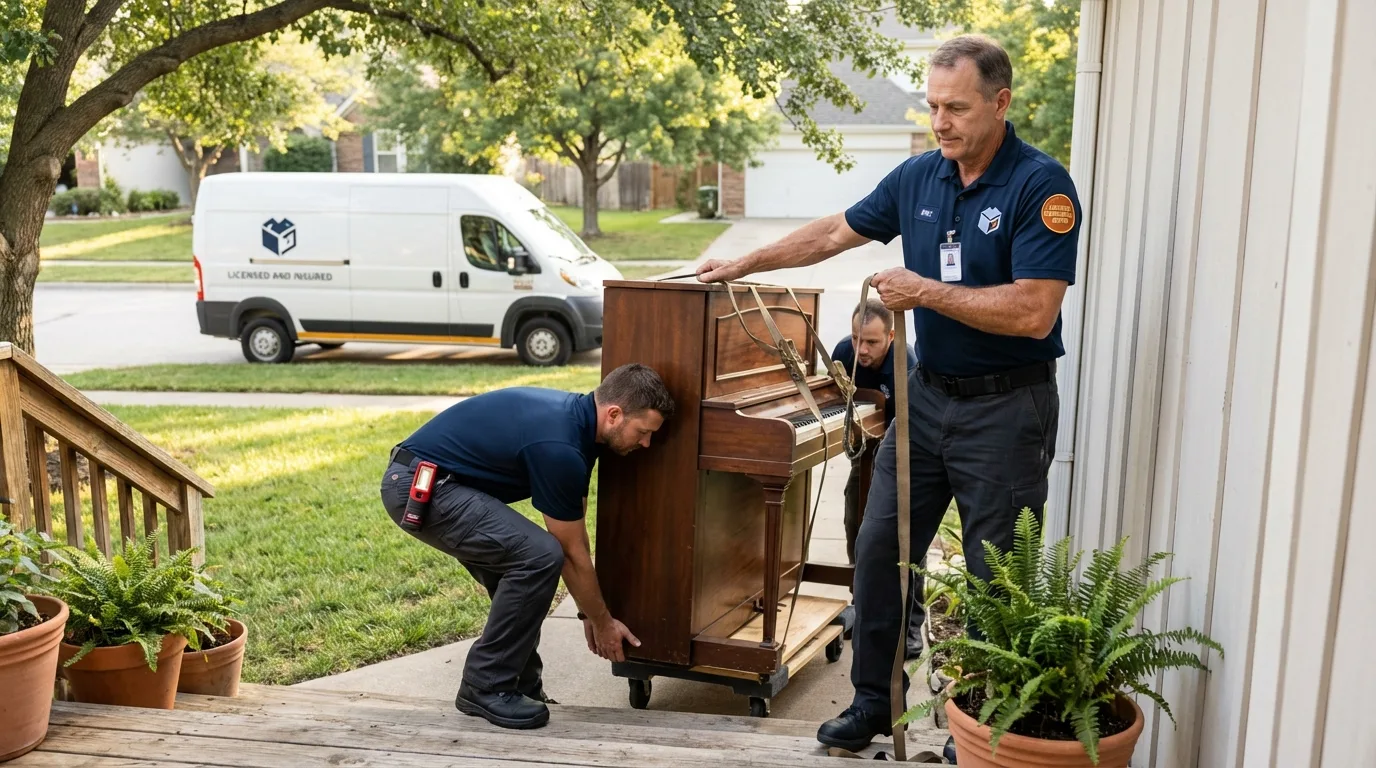 Licensed piano movers securing grand piano in Amory, MS