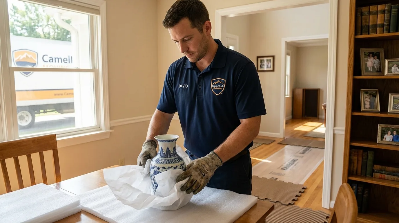 Professional crew carefully wrapping antique vase for senior downsizing move in Amory, MS